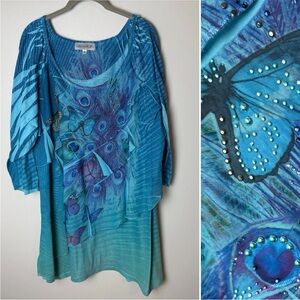 Closet Full Tunic Top or Dress Plus Size XXL 2XL 3/4 Sleeves Peacock Butterflies
